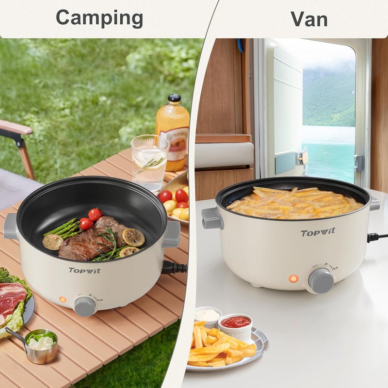 TopWit Electric Pot, 3L Hot Pot Electric, Rapid Noodles Cooker, Non-Stick Frying Pan, Multifunctional Electric Hot Pot for Steak, Egg, Ramen, Soup, Shabu Shabu Pot for Camping, RVs, Party, Beige - Image 5